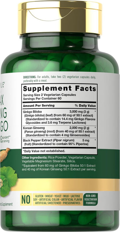 Carlyle Panax Ginseng & Ginkgo | 120 vegane Kapseln | Nicht-GVO & glutenfreies Nahrungsergänzungsmittel