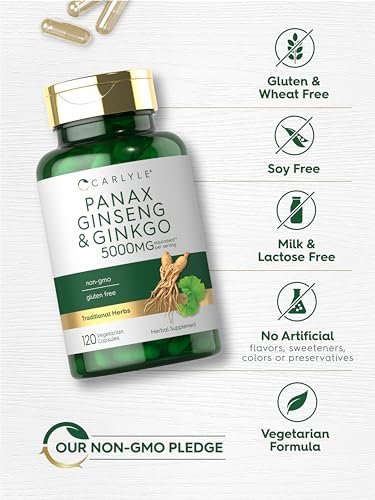 Carlyle Panax Ginseng & Ginkgo | 120 vegane Kapseln | Nicht-GVO & glutenfreies Nahrungsergänzungsmittel