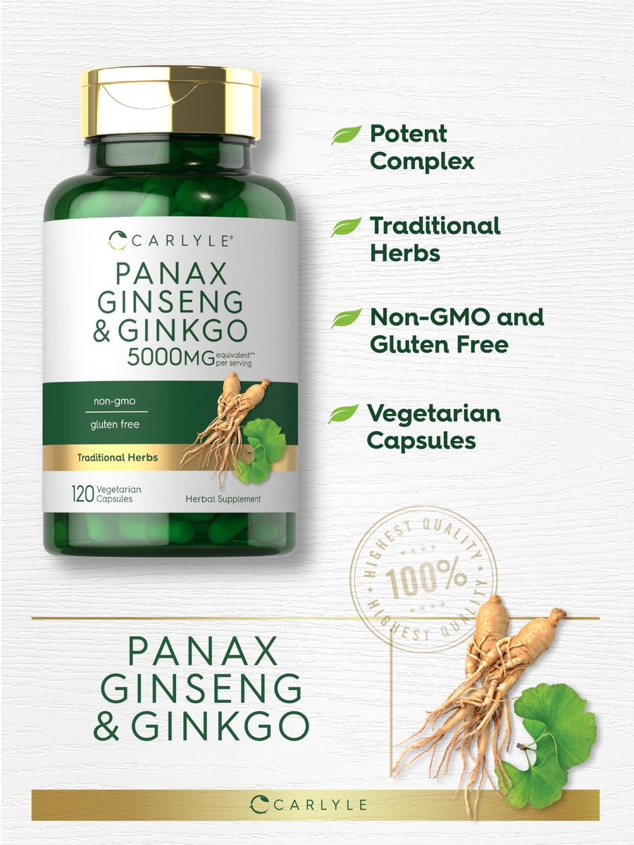 Carlyle Panax Ginseng & Ginkgo | 120 vegane Kapseln | Nicht-GVO & glutenfreies Nahrungsergänzungsmittel