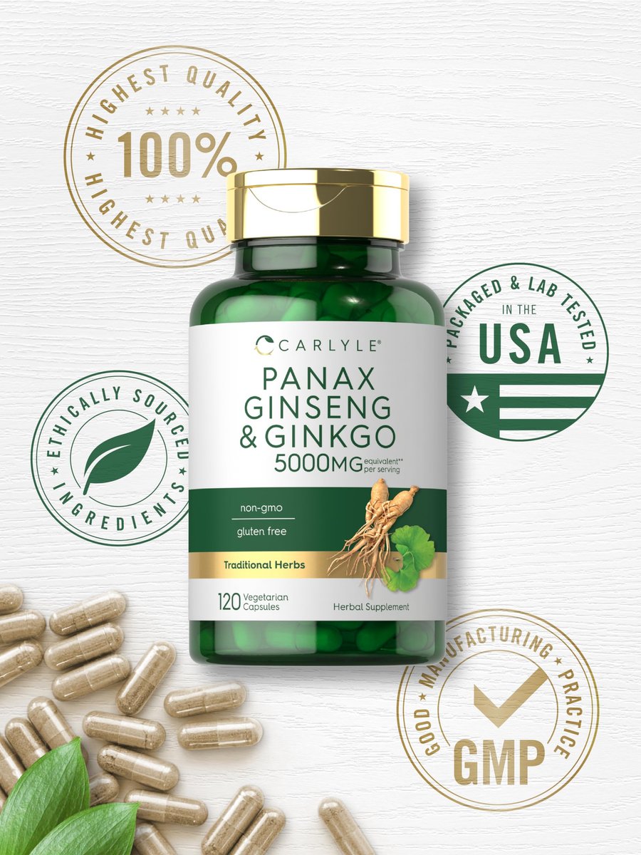 Carlyle Panax Ginseng & Ginkgo | 120 vegane Kapseln | Nicht-GVO & glutenfreies Nahrungsergänzungsmittel