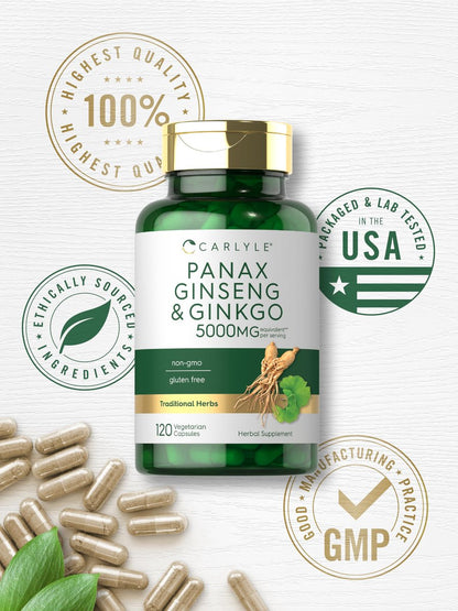 Carlyle Panax Ginseng & Ginkgo | 120 vegane Kapseln | Nicht-GVO & glutenfreies Nahrungsergänzungsmittel