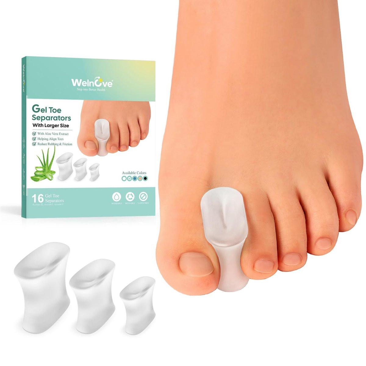 Welnove Upgrade Gel-Zehenspreizer – 16er-Pack mit Aloe-Vera-Extrakt angereicherte Silikon-Zehenspreizer für überlappende Zehen, Ballen, Hühneraugen – Ballenkorrektor für Damen und Herren (3 Größen)