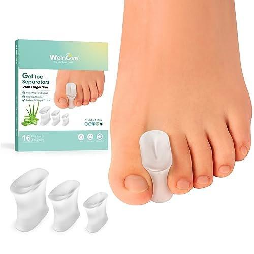 Welnove Upgrade Gel-Zehenspreizer – 16er-Pack mit Aloe-Vera-Extrakt angereicherte Silikon-Zehenspreizer für überlappende Zehen, Ballen, Hühneraugen – Ballenkorrektor für Damen und Herren (3 Größen)