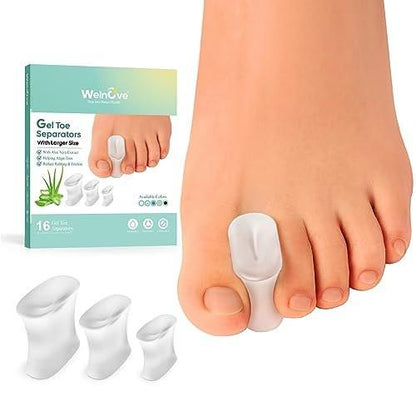 Welnove Upgrade Gel-Zehenspreizer – 16er-Pack mit Aloe-Vera-Extrakt angereicherte Silikon-Zehenspreizer für überlappende Zehen, Ballen, Hühneraugen – Ballenkorrektor für Damen und Herren (3 Größen)