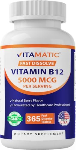 Vitamatic Vitamin B12 5000 mcg – 365 Lutschtabletten mit Beerengeschmack – Unterstützt Energieproduktion und Nervensystem – Non-GMO, Glutenfrei