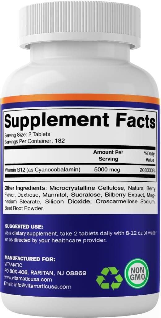 Vitamatic Vitamin B12 5000 mcg – 365 Lutschtabletten mit Beerengeschmack – Unterstützt Energieproduktion und Nervensystem – Non-GMO, Glutenfrei