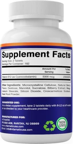 Vitamatic Vitamin B12 5000 mcg – 365 Lutschtabletten mit Beerengeschmack – Unterstützt Energieproduktion und Nervensystem – Non-GMO, Glutenfrei