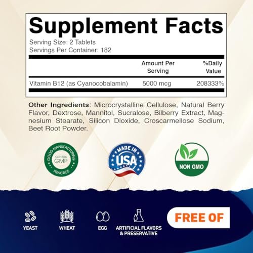 Vitamatic Vitamin B12 5000 mcg – 365 Lutschtabletten mit Beerengeschmack – Unterstützt Energieproduktion und Nervensystem – Non-GMO, Glutenfrei