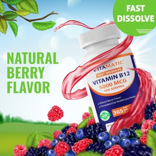 Vitamatic Vitamin B12 5000 mcg – 365 Lutschtabletten mit Beerengeschmack – Unterstützt Energieproduktion und Nervensystem – Non-GMO, Glutenfrei
