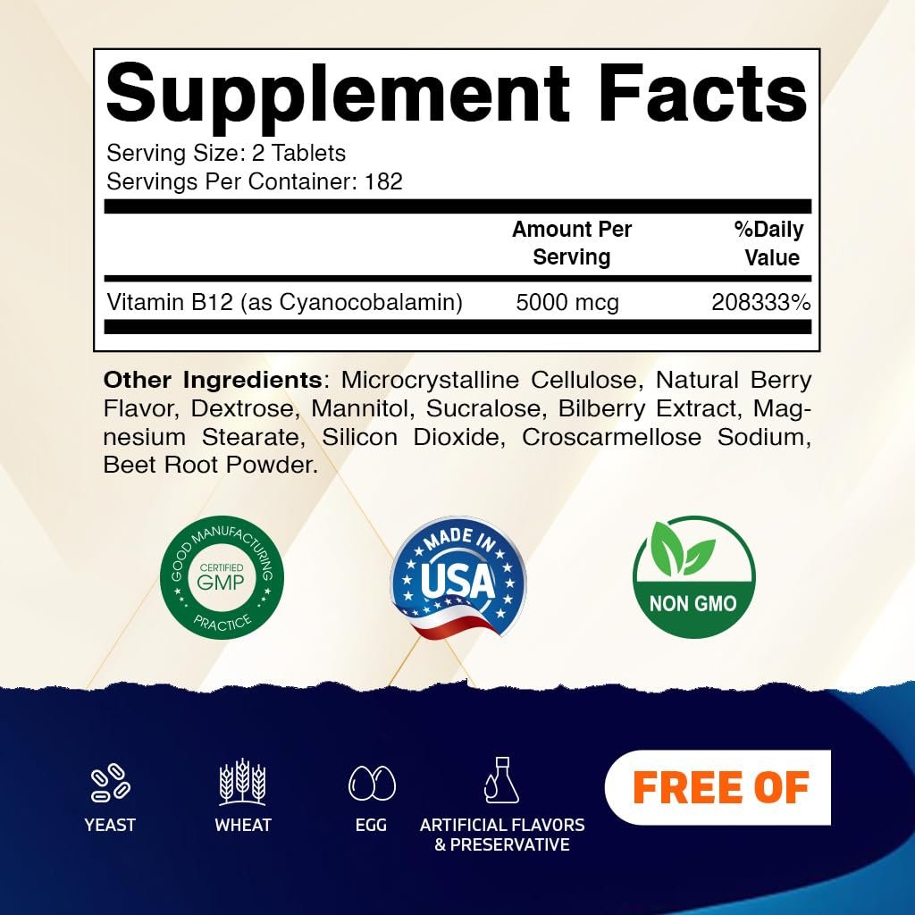 Vitamatic Vitamin B12 5000 mcg – 365 Lutschtabletten mit Beerengeschmack – Unterstützt Energieproduktion und Nervensystem – Non-GMO, Glutenfrei