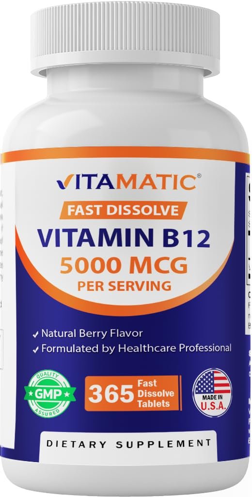 Vitamatic Vitamin B12 5000 mcg – 365 Lutschtabletten mit Beerengeschmack – Unterstützt Energieproduktion und Nervensystem – Non-GMO, Glutenfrei