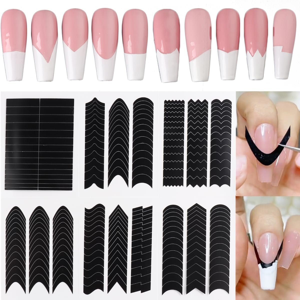 Fcozpjk French Tip Nagelaufkleber – 6 Bögen selbstklebende French-Tips-Schablonen, Wellenlinien-Nagelband für Nagelkunst-Airbrush-Stencils