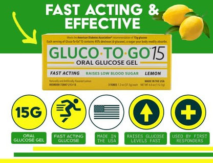 GLUCO TO GO 15 Orale Glukose-Gel Zitronengeschmack, 37,5 g, 3 Einweg-Quetschtuben pro Packung / Drehverschluss