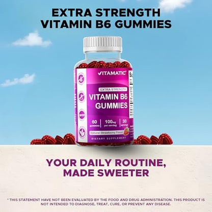 Vitamatic Vitamin B6 100mg Gummies – 2er-Pack – Natürlicher Erdbeergeschmack – 60 Pektin-basierte Gummis pro Flasche – Unterstützung für Nervensystem & Energie