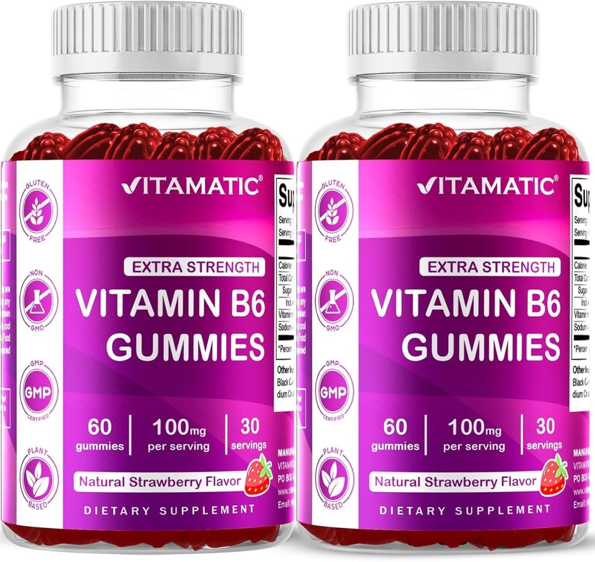 Vitamatic Vitamin B6 100mg Gummies – 2er-Pack – Natürlicher Erdbeergeschmack – 60 Pektin-basierte Gummis pro Flasche – Unterstützung für Nervensystem & Energie
