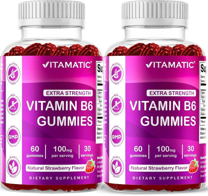 Vitamatic Vitamin B6 100mg Gummies – 2er-Pack – Natürlicher Erdbeergeschmack – 60 Pektin-basierte Gummis pro Flasche – Unterstützung für Nervensystem & Energie