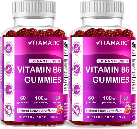 Vitamatic Vitamin B6 100mg Gummies – 2er-Pack – Natürlicher Erdbeergeschmack – 60 Pektin-basierte Gummis pro Flasche – Unterstützung für Nervensystem & Energie