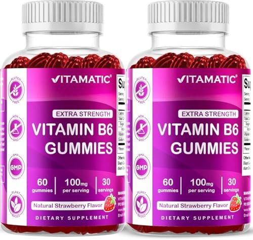 Vitamatic Vitamin B6 100mg Gummies – 2er-Pack – Natürlicher Erdbeergeschmack – 60 Pektin-basierte Gummis pro Flasche – Unterstützung für Nervensystem & Energie