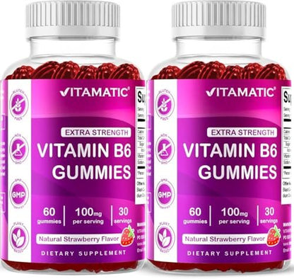 Vitamatic Vitamin B6 100mg Gummies – 2er-Pack – Natürlicher Erdbeergeschmack – 60 Pektin-basierte Gummis pro Flasche – Unterstützung für Nervensystem & Energie