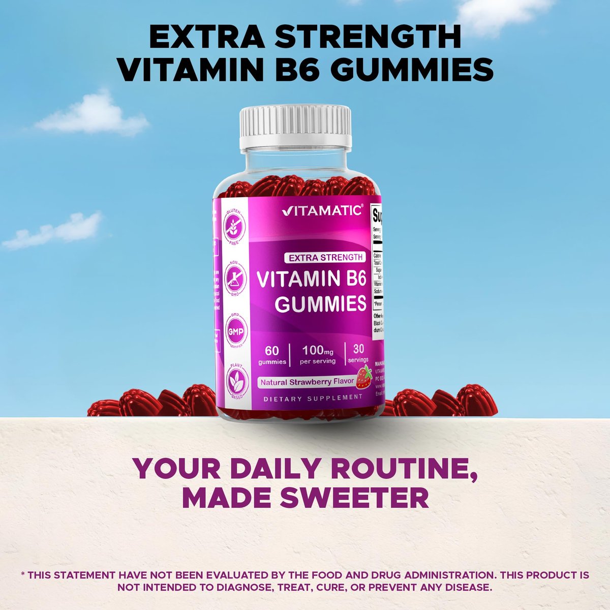 Vitamatic Vitamin B6 100mg Gummies – 2er-Pack – Natürlicher Erdbeergeschmack – 60 Pektin-basierte Gummis pro Flasche – Unterstützung für Nervensystem & Energie