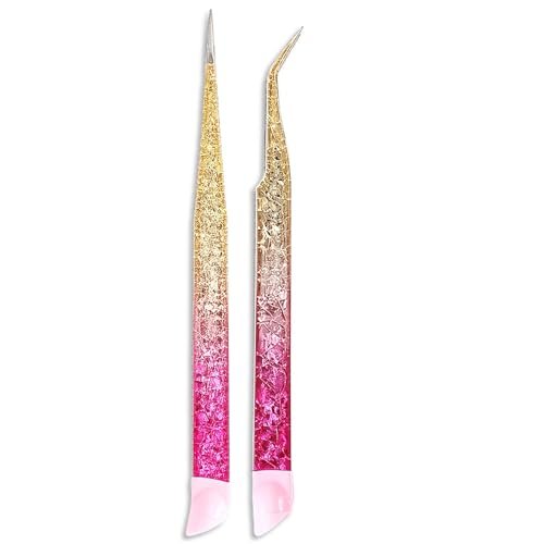 Ouligay 2er-Set Doppelend-Nagelpinzetten aus Edelstahl – Gerade und gebogene Spitzen mit Silikonkopf für Nagelkunst, Strasssteine, Aufkleber und Juwelen
