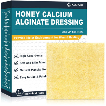 Ceeport Manuka Honig Calcium Alginat Wundauflage, 5x5 cm, Hochsaugfähige Honig-Wundauflage mit Calcium Alginat, Medizinischer Manuka Honig Wundversorgung, Pads für Wunden (10er Pack)