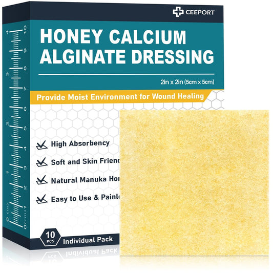 Ceeport Manuka Honig Calcium Alginat Wundauflage, 5x5 cm, Hochsaugfähige Honig-Wundauflage mit Calcium Alginat, Medizinischer Manuka Honig Wundversorgung, Pads für Wunden (10er Pack)