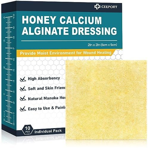 Ceeport Manuka Honig Calcium Alginat Wundauflage, 5x5 cm, Hochsaugfähige Honig-Wundauflage mit Calcium Alginat, Medizinischer Manuka Honig Wundversorgung, Pads für Wunden (10er Pack)
