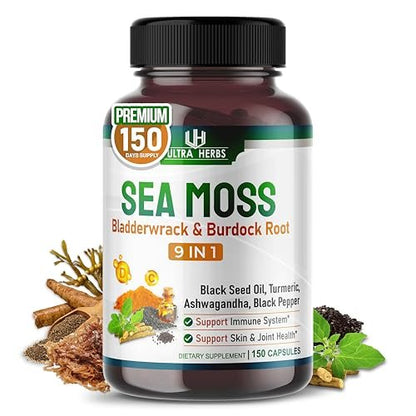 Organische Sea Moss Kapseln mit Schwarzkümmelöl, Ashwagandha, Klettenwurzel, Blasentang für Immunsystem, Darm, Haut & Energie (150 Kapseln)