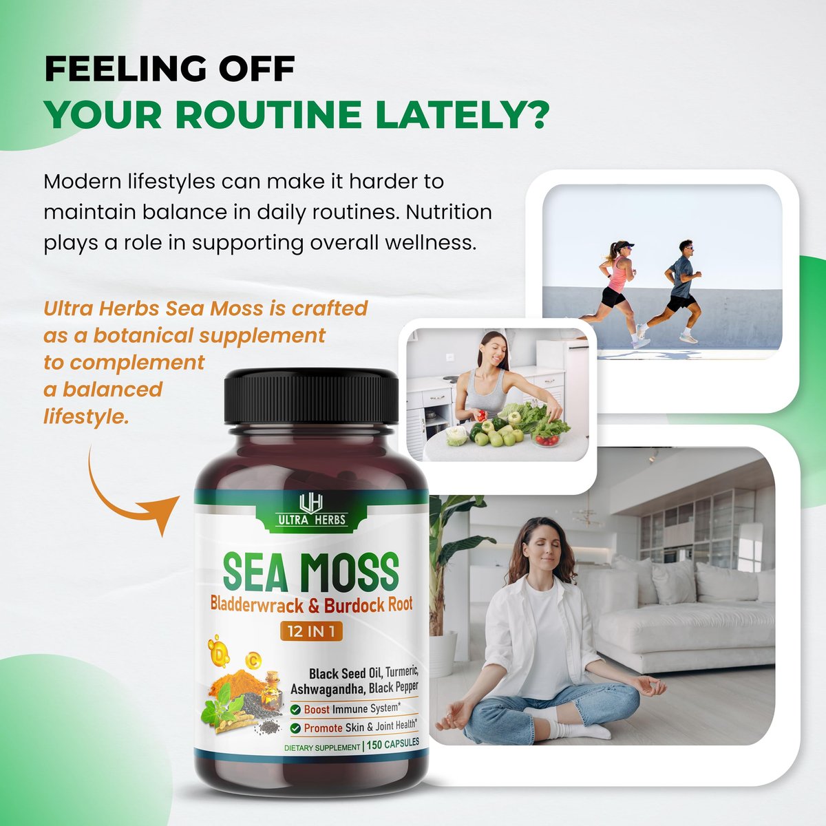 Organische Sea Moss Kapseln mit Schwarzkümmelöl, Ashwagandha, Klettenwurzel, Blasentang für Immunsystem, Darm, Haut & Energie (150 Kapseln)