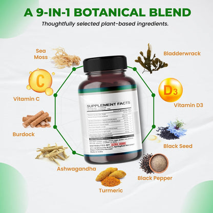 Organische Sea Moss Kapseln mit Schwarzkümmelöl, Ashwagandha, Klettenwurzel, Blasentang für Immunsystem, Darm, Haut & Energie (150 Kapseln)
