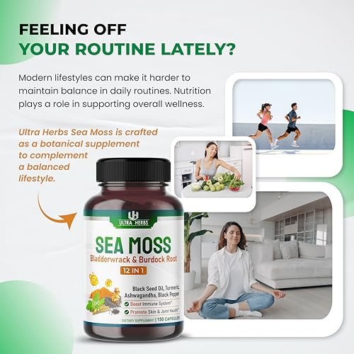 Organische Sea Moss Kapseln mit Schwarzkümmelöl, Ashwagandha, Klettenwurzel, Blasentang für Immunsystem, Darm, Haut & Energie (150 Kapseln)