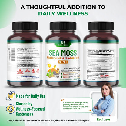 Organische Sea Moss Kapseln mit Schwarzkümmelöl, Ashwagandha, Klettenwurzel, Blasentang für Immunsystem, Darm, Haut & Energie (150 Kapseln)