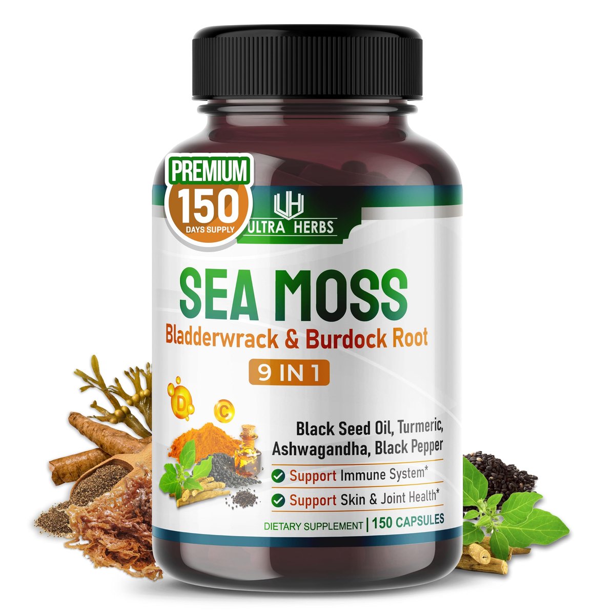 Organische Sea Moss Kapseln mit Schwarzkümmelöl, Ashwagandha, Klettenwurzel, Blasentang für Immunsystem, Darm, Haut & Energie (150 Kapseln)