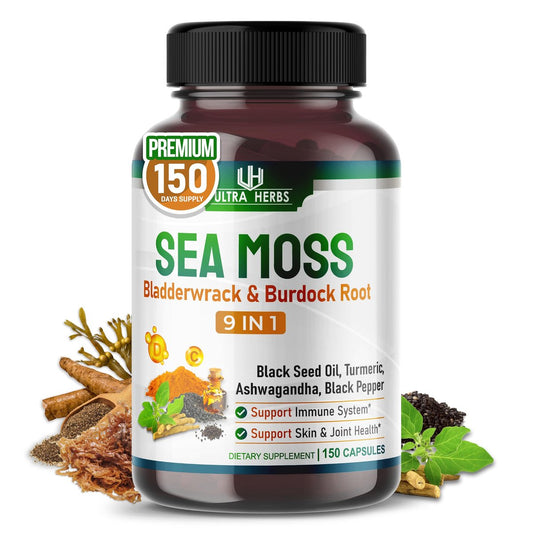Organische Sea Moss Kapseln mit Schwarzkümmelöl, Ashwagandha, Klettenwurzel, Blasentang für Immunsystem, Darm, Haut & Energie (150 Kapseln)