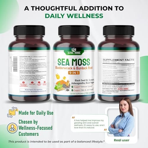 Organische Sea Moss Kapseln mit Schwarzkümmelöl, Ashwagandha, Klettenwurzel, Blasentang für Immunsystem, Darm, Haut & Energie (150 Kapseln)