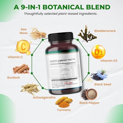 Organische Sea Moss Kapseln mit Schwarzkümmelöl, Ashwagandha, Klettenwurzel, Blasentang für Immunsystem, Darm, Haut & Energie (150 Kapseln)
