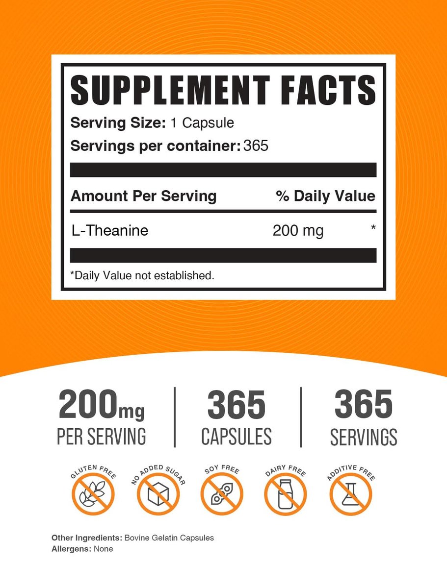 BulkSupplements.com L-Theanin Kapseln - L-Theanin Supplement, 200 mg L-Theanin pro Portion, 365 Kapseln - Glutenfrei, Aminosäurepräparat