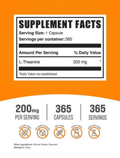 BulkSupplements.com L-Theanin Kapseln - L-Theanin Supplement, 200 mg L-Theanin pro Portion, 365 Kapseln - Glutenfrei, Aminosäurepräparat