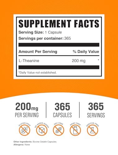 BulkSupplements.com L-Theanin Kapseln - L-Theanin Supplement, 200 mg L-Theanin pro Portion, 365 Kapseln - Glutenfrei, Aminosäurepräparat