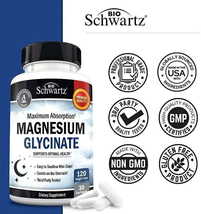 BioSchwartz Magnesium Glycinat 500 mg Kapseln (120 Mini-Kapseln) - Hoch bioverfügbares Magnesium für Nerven, Muskeln, Herz, Stimmung und Schlaf - Vegan, glutenfrei, nicht-GVO