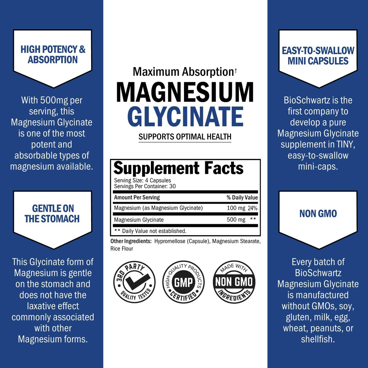 BioSchwartz Magnesium Glycinat 500 mg Kapseln (120 Mini-Kapseln) - Hoch bioverfügbares Magnesium für Nerven, Muskeln, Herz, Stimmung und Schlaf - Vegan, glutenfrei, nicht-GVO