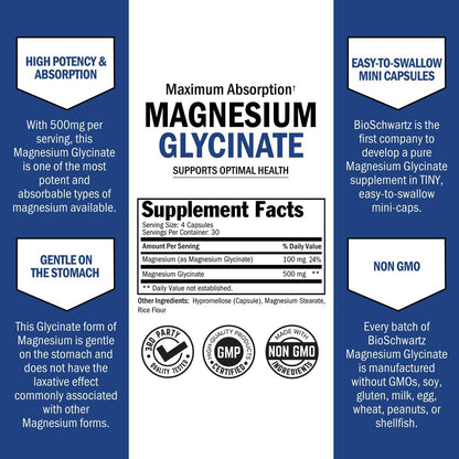 BioSchwartz Magnesium Glycinat 500 mg Kapseln (120 Mini-Kapseln) - Hoch bioverfügbares Magnesium für Nerven, Muskeln, Herz, Stimmung und Schlaf - Vegan, glutenfrei, nicht-GVO