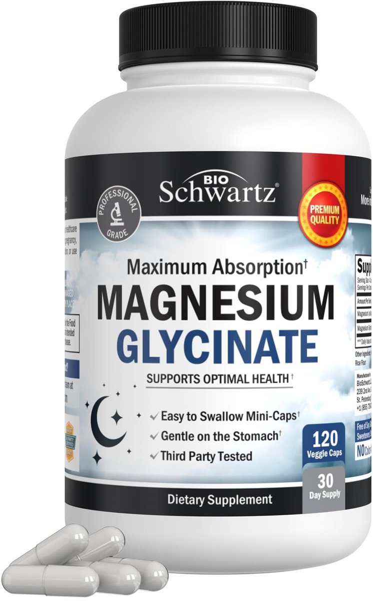 BioSchwartz Magnesium Glycinat 500 mg Kapseln (120 Mini-Kapseln) - Hoch bioverfügbares Magnesium für Nerven, Muskeln, Herz, Stimmung und Schlaf - Vegan, glutenfrei, nicht-GVO