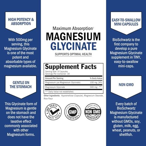 BioSchwartz Magnesium Glycinat 500 mg Kapseln (120 Mini-Kapseln) - Hoch bioverfügbares Magnesium für Nerven, Muskeln, Herz, Stimmung und Schlaf - Vegan, glutenfrei, nicht-GVO