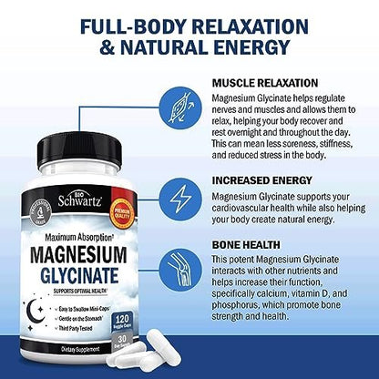 BioSchwartz Magnesium Glycinat 500 mg Kapseln (120 Mini-Kapseln) - Hoch bioverfügbares Magnesium für Nerven, Muskeln, Herz, Stimmung und Schlaf - Vegan, glutenfrei, nicht-GVO