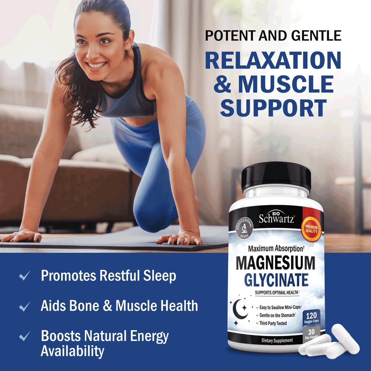 BioSchwartz Magnesium Glycinat 500 mg Kapseln (120 Mini-Kapseln) - Hoch bioverfügbares Magnesium für Nerven, Muskeln, Herz, Stimmung und Schlaf - Vegan, glutenfrei, nicht-GVO