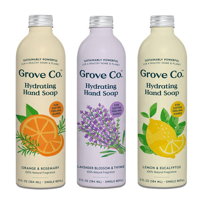 Grove Co. Hydrating Gel Hand Soap Refills (3 x 13 Fl Oz) – Plastikfreie flüssige Handseife Nachfüllpackung, 100% natürliche Düfte: Zitrone & Eukalyptus, Lavendel & Thymian, Orange & Rosmarin