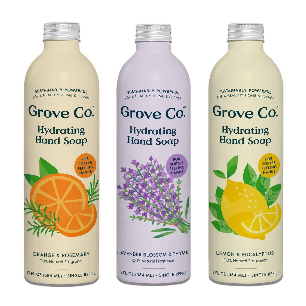 Grove Co. Hydrating Gel Hand Soap Refills (3 x 13 Fl Oz) – Plastikfreie flüssige Handseife Nachfüllpackung, 100% natürliche Düfte: Zitrone & Eukalyptus, Lavendel & Thymian, Orange & Rosmarin