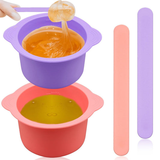 2er-Pack Silikon-Wachswärmer-Einsatz, wiederverwendbare Wachsschmelzschale für Wachswärmer, antihaftbeschichtet, mit 2 Wachsspateln für Haarentfernung (Lila, Pink)